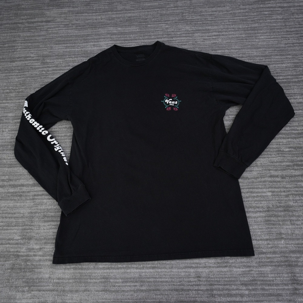 Vans T Shirt Men Black Long Sleeve Rose Graphic Classic Fit Crew Tee XL